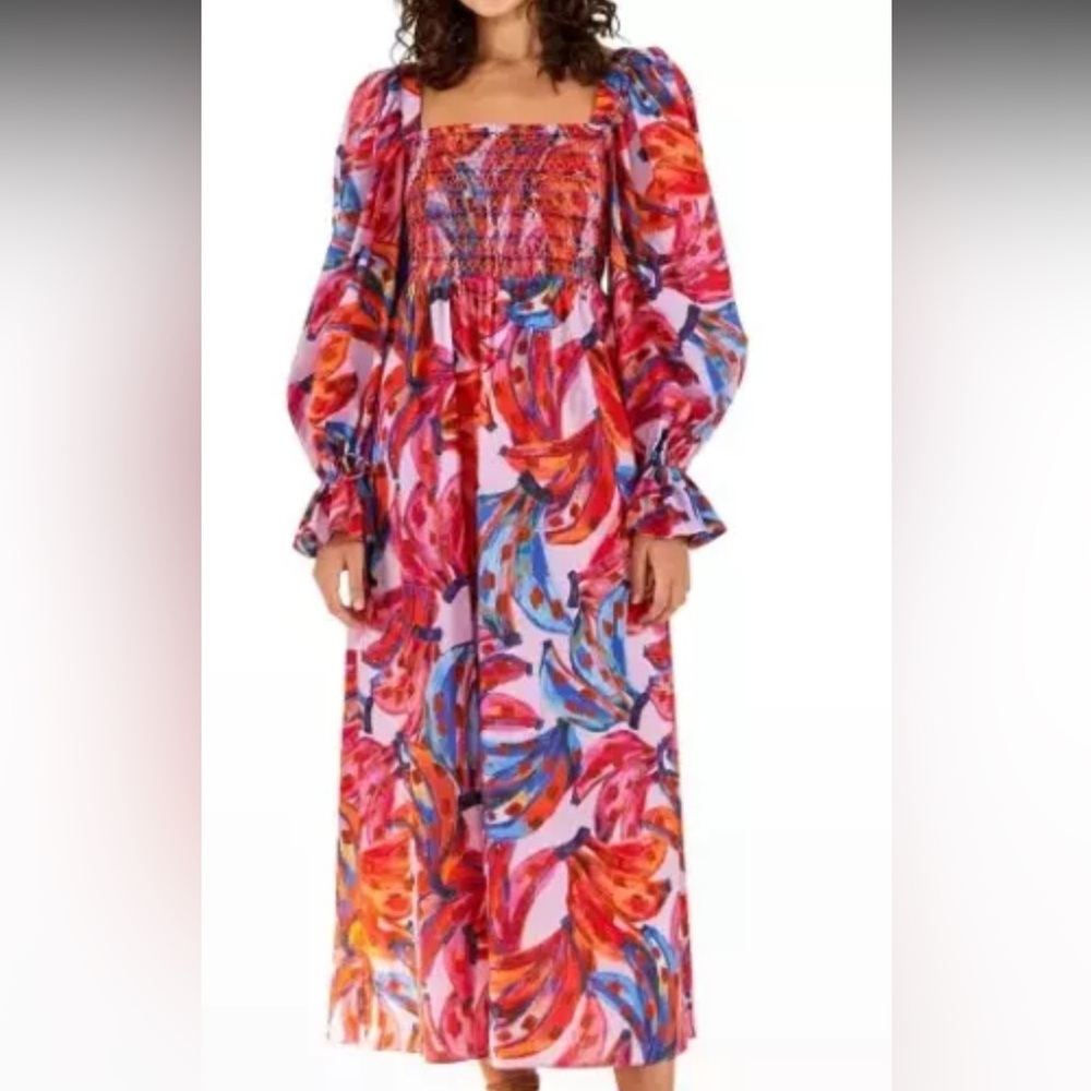 Farm Rio Tropical Banana Maxi Dress Smocked Square Neck Women's Dress